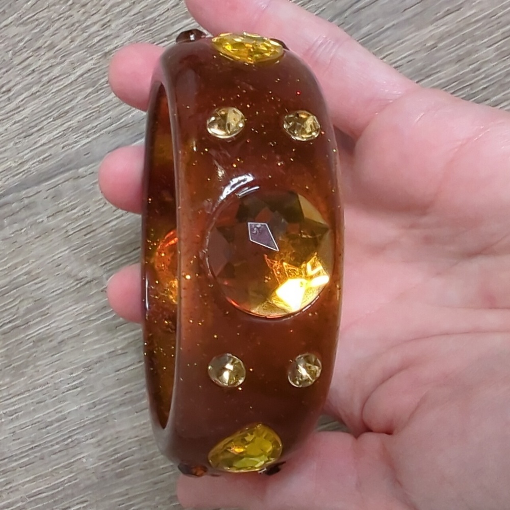 Vintage Lucite Glitter Amber Jeweled Bangle Bracelet - Picture 8 of 9